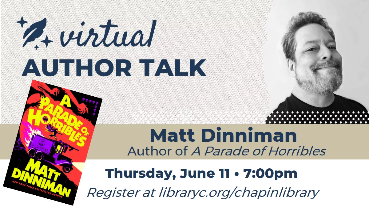 Author Matt Dinniman with Dungeon Crawler Carl book jackets