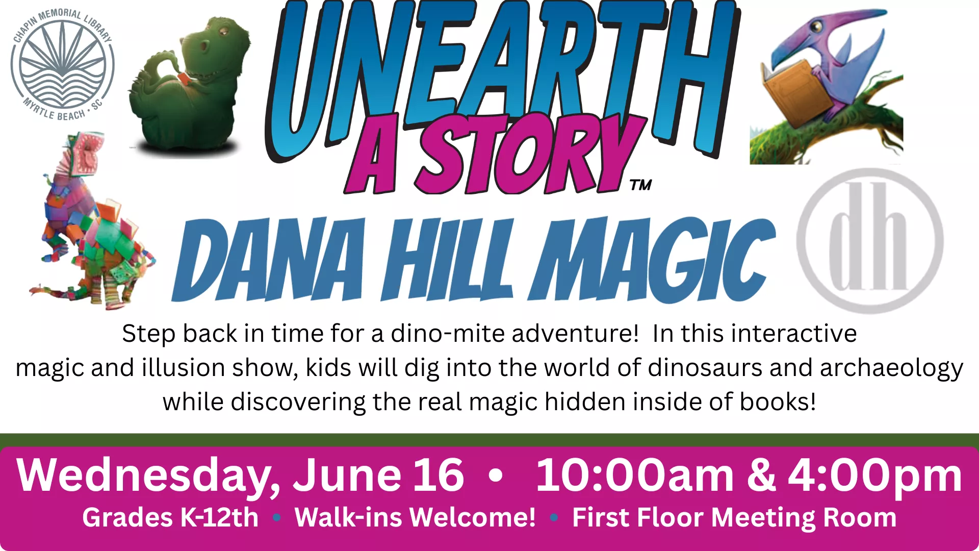 Unearth a Story logo with Dinosaur graphics