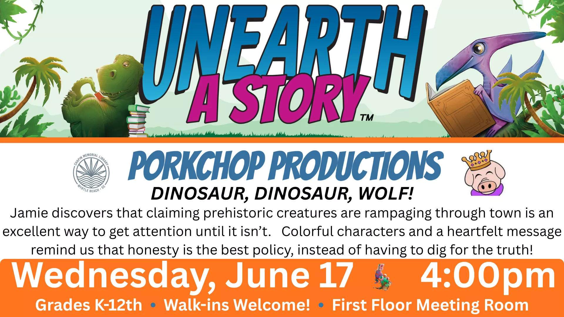 Unearth a Story Logo with Dinosars Porkchop Productions Pig image