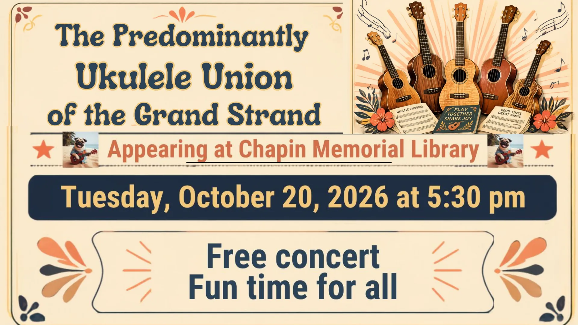 Picture of 5 ukuleles with concert details