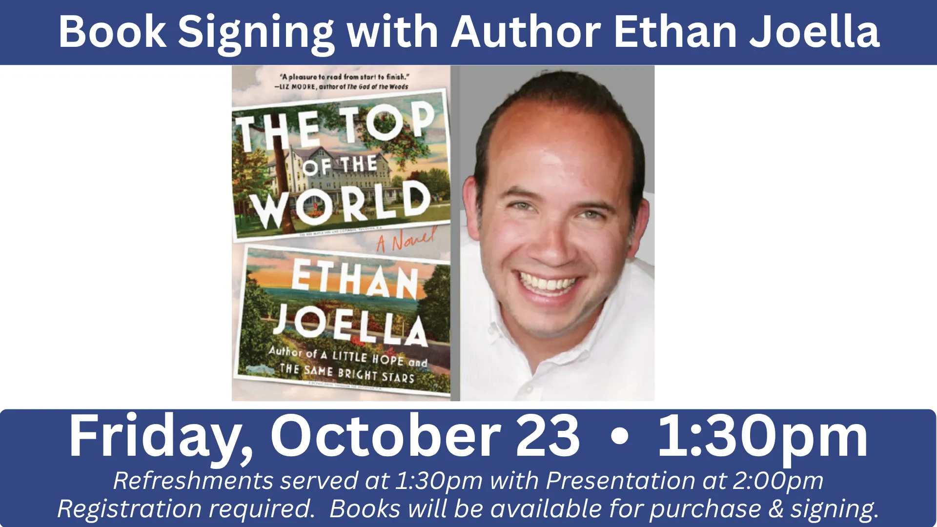 Photo of author Ethan Joella next to Top of the World book jacket